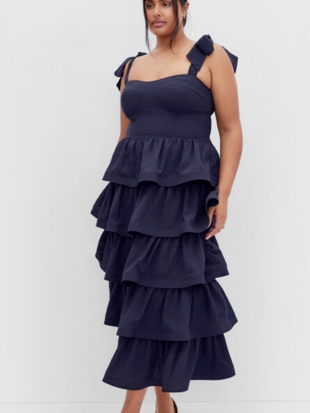 City Chic Navy Tiered Elina Dress with Tie Shoulder Straps and side smocking